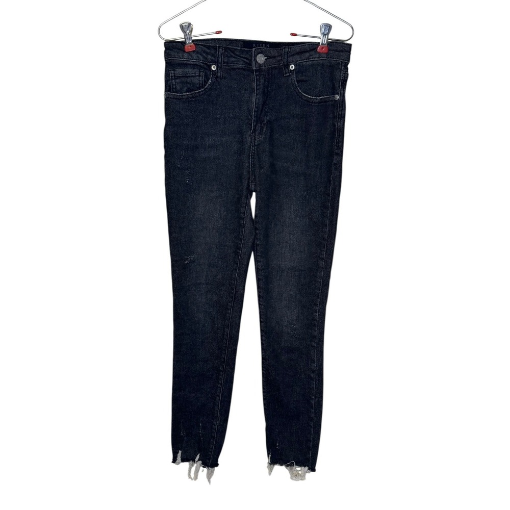Risen‎ Women's Jeans Mid Rise Raw Hem Skinny RDP1420 Denim Dark Wash Black 28/7